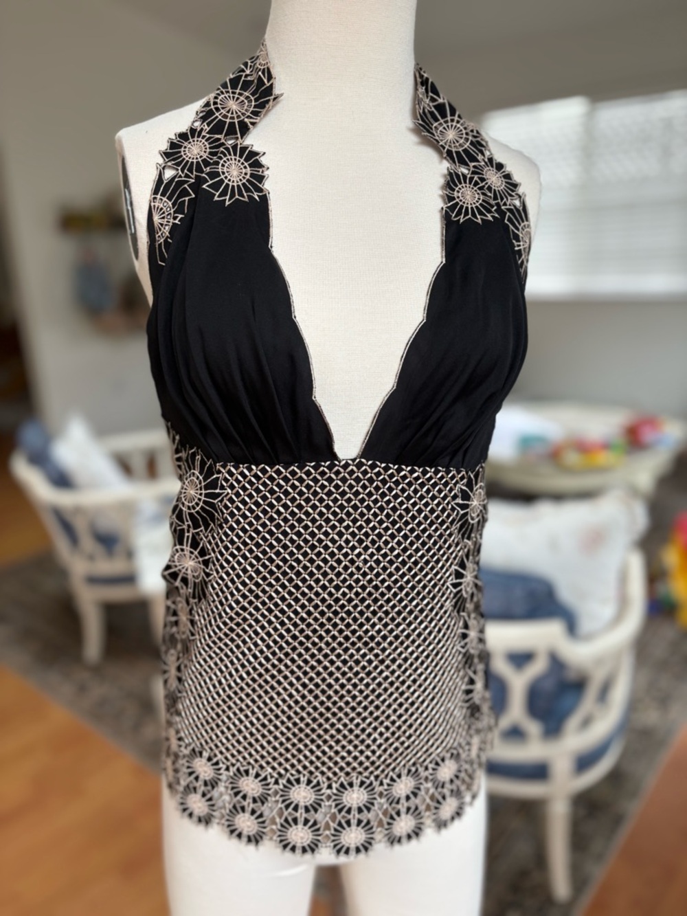Catherine Malandrino Black And Cream Lace Halter Tank
